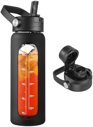 24 oz Glass Water Bottle with Detachable Straw and Time Maker