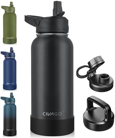 32 oz Insulated Stainless Steel Water Bottle With Straw and 3 Lids