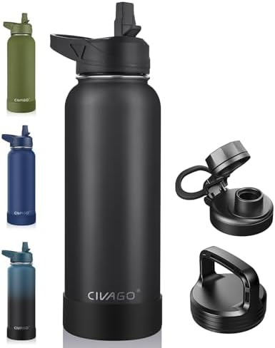 40 oz Insulated Stainless Steel Water Bottle With Straw and 3 Lids