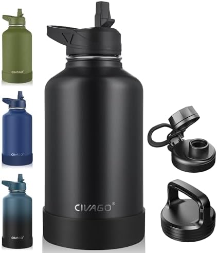 64 oz Insulated Stainless Steel Water Bottle With Straw and 3 Lids