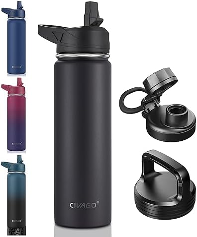 22 oz Insulated Stainless Steel Water Bottle With Straw and 3 Lids