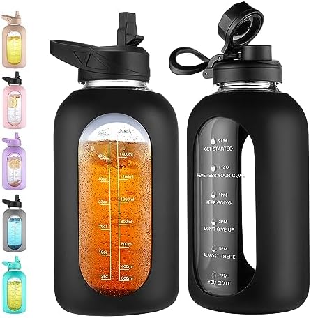 64 oz Glass Water Bottle with Straw, Half Gallon Large Water Jug