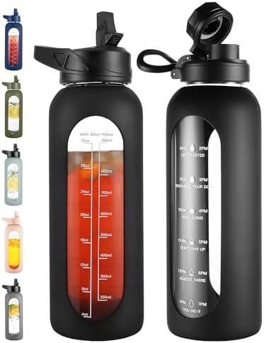 40 oz Glass Water Bottle with Straw, Large Motivational Water Jug