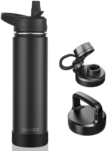 24 oz Insulated Stainless Steel Water Bottle With Straw and 3 Lids