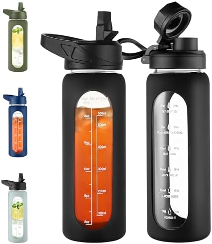 24 oz Glass Water Bottle with Straw, Large Motivational Water Jug