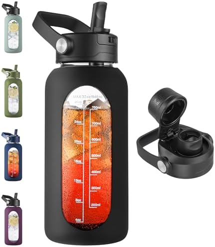 32 oz Glass Water Bottle with Detachable Straw and Time Maker