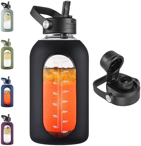 64 oz Glass Water Bottle Jug with Detachable Straw and Time Maker