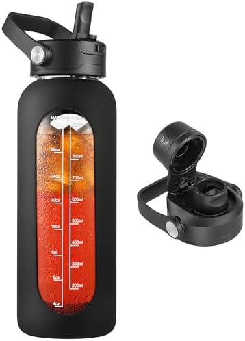 40 oz Glass Water Bottle with Detachable Straw and Time Maker