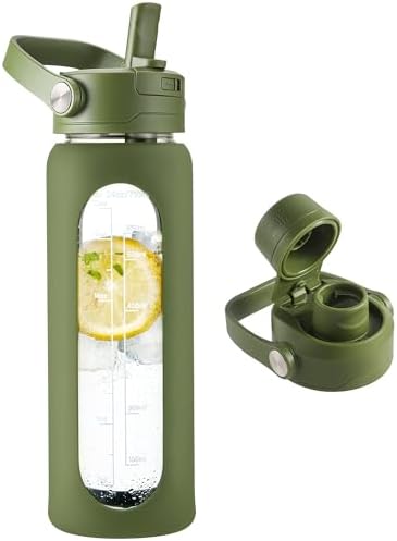24 oz Glass Water Bottle with Detachable Straw and Time Maker